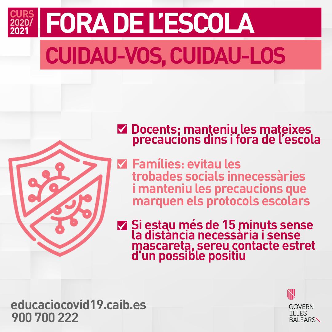 Els centres educatius apliquen mesures estrictes per evitar els contagis.

Les precaucions també s'han de mantenir fora de les escoles si volem aturar la transmissió comunitària.

Fora de l'escola: cuidau-vos, cuidau-los 🧼📐😷