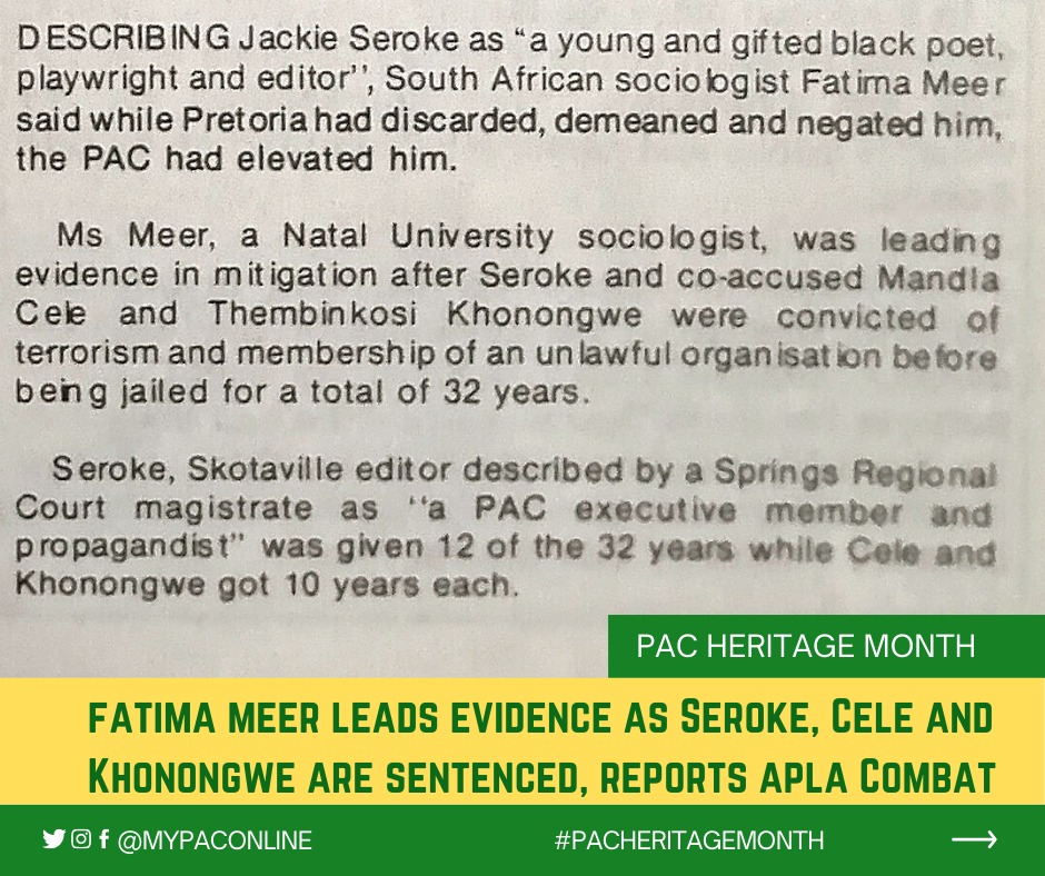 A report in the Azania Combat publication, the then banned journal of the Azanian Peoples Liberation Army (APLA), announces the sentencing of former Skotaville Editor, and current PAC Director of Information and Publicity <a href="/seroke_jaki/">Jaki Seroke</a> and Thembinkosi Khonongwe, and Mandla Cele.