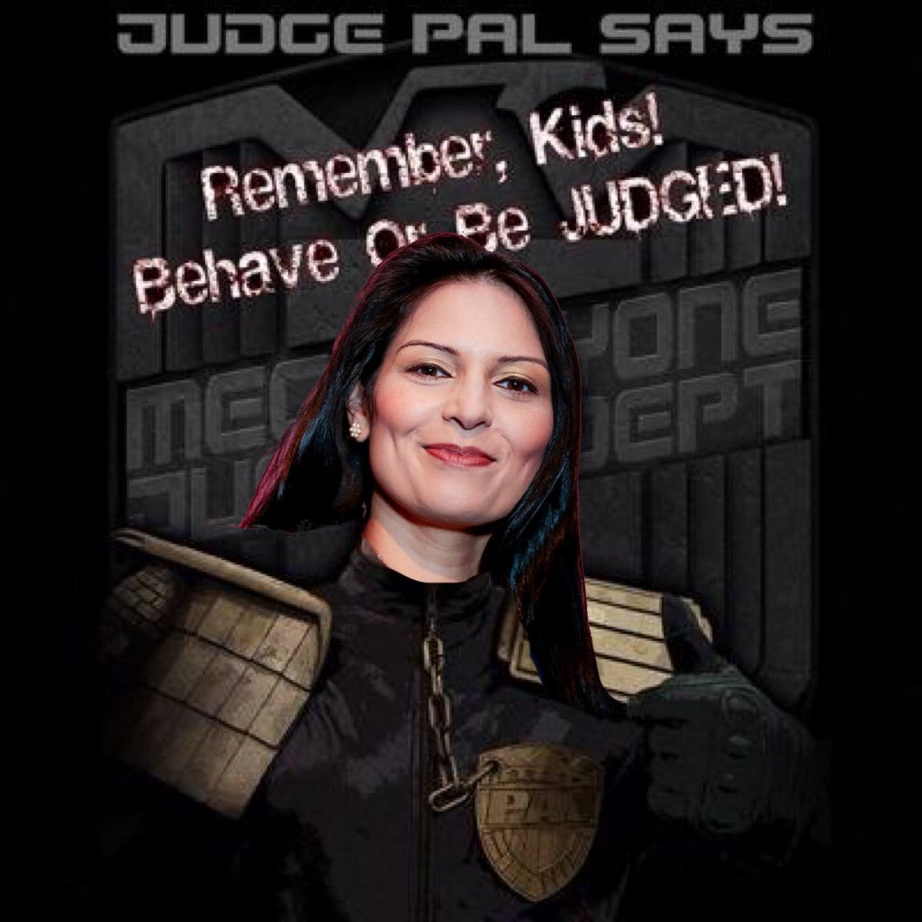 Judge_Pal's tweet photo. The Mega-City One Justice Department would like to welcome Brit Cit’s Priti Patel to our ‘Judge Pal’ informant division. 

Remember Citizens - dob in your friends and family and you could win great #JDA prizes! https://t.co/ycg8xLAkTW
