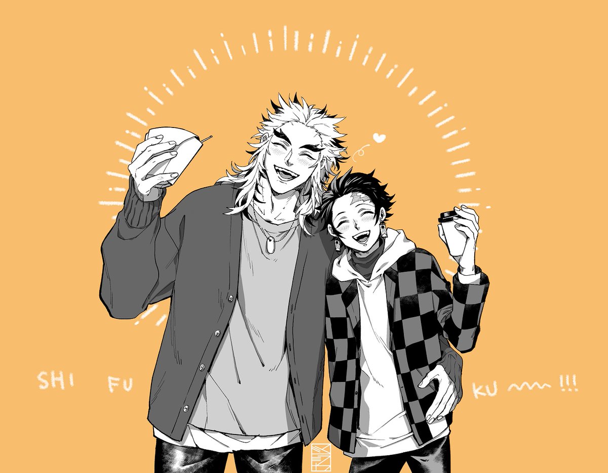 kamado tanjirou ,rengoku kyoujurou multiple boys forked eyebrows male focus 2boys closed eyes checkered clothes scar  illustration images