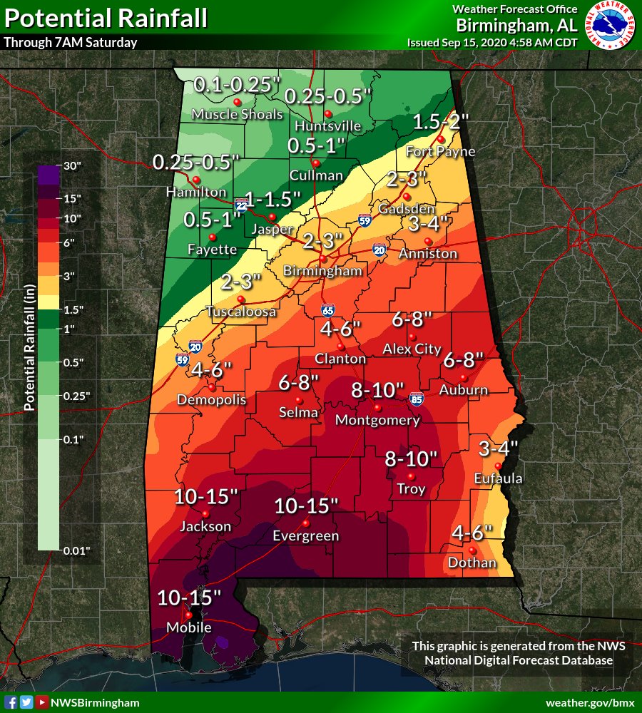 NWSBirmingham's tweet photo. Hurricane #Sally Forecast Changes: The axis of heaviest rainfall has shifted to the east along with the eastward adjustments in Sally's forecast track. Removed a few northern counties from the Flash Flood Watch. 🌧Flooding from tropical downpours remains the primary threat. #alwx https://t.co/YUTPAQzARM
