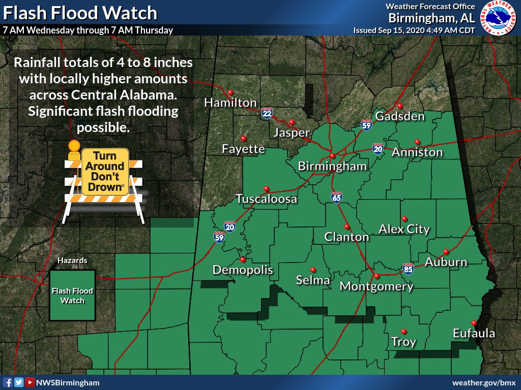 NWSBirmingham's tweet photo. Hurricane #Sally Forecast Changes: The axis of heaviest rainfall has shifted to the east along with the eastward adjustments in Sally's forecast track. Removed a few northern counties from the Flash Flood Watch. 🌧Flooding from tropical downpours remains the primary threat. #alwx https://t.co/YUTPAQzARM