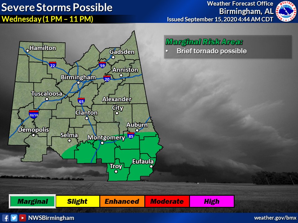 NWSBirmingham's tweet photo. Hurricane #Sally Forecast Changes: The axis of heaviest rainfall has shifted to the east along with the eastward adjustments in Sally's forecast track. Removed a few northern counties from the Flash Flood Watch. 🌧Flooding from tropical downpours remains the primary threat. #alwx https://t.co/YUTPAQzARM