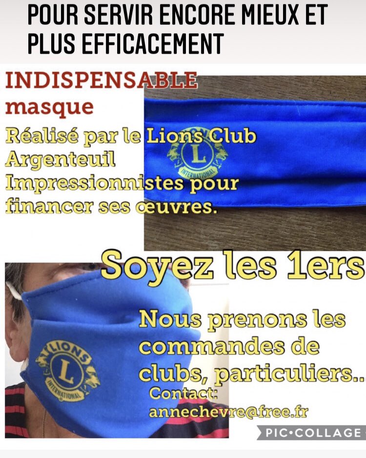 varlotc's tweet photo. Pour #servir mieux et encore + . Offrez-vous un masque au couleur du #lionsclub . Vous nous permettrez de financer nos œuvres, transmettez vos commandes au #lionsclub #argenteuil #impressionnistes. Particuliers, clubs, commandes auprès de annechevre@free.fr . #weserve https://t.co/1JndQQQ9Ko