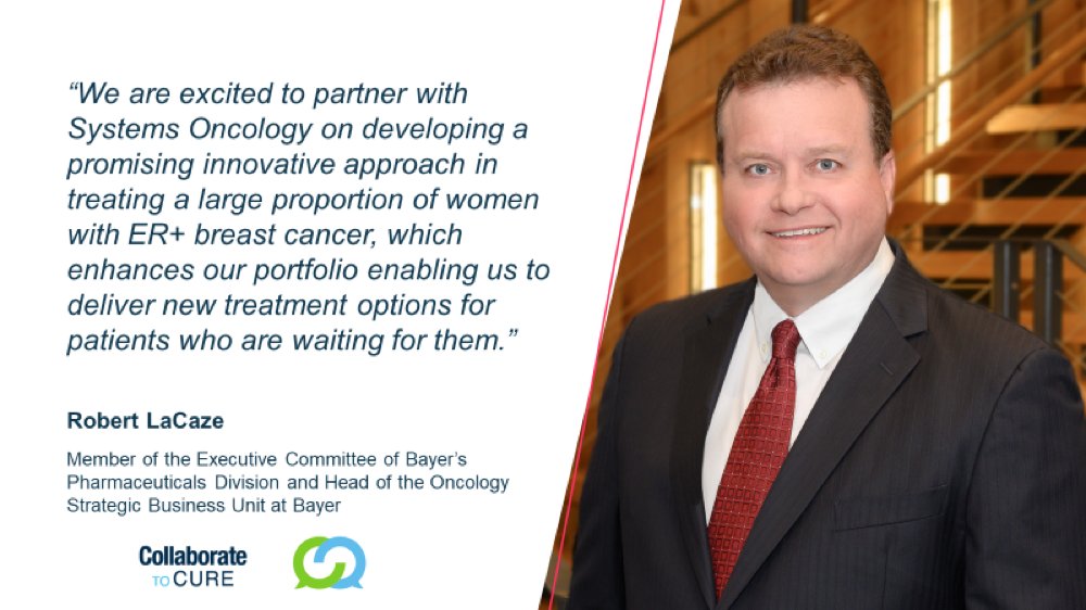 BayerPharma's tweet photo. Our #collaboration with @SystemsOncology on a potential new option in #breastcancer fits our ambition to focus on high medical need + potential for meaningful differentiation. #CollaborateToCure #OncologyInspired https://t.co/cnIwrLkDNA