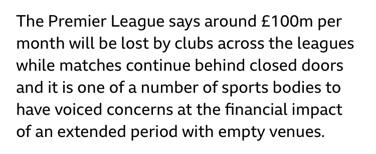 JasonReynoldsUK's tweet photo. Premier league concerned they will lose £100m per month.....so therefore want to gather fans to pay to put health at risk. Why don’t players, agents, football structures rethink their wage bills and consider..... (1/3) https://t.co/36fBAFRQKy