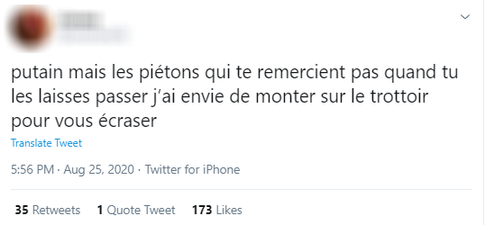 #FarcisTonCycliste n°228. Les menaces envers les piétons sont parfois approuvées par d'autres personnes. Ici, plus de 150 personnes sont d'accord avec le message.