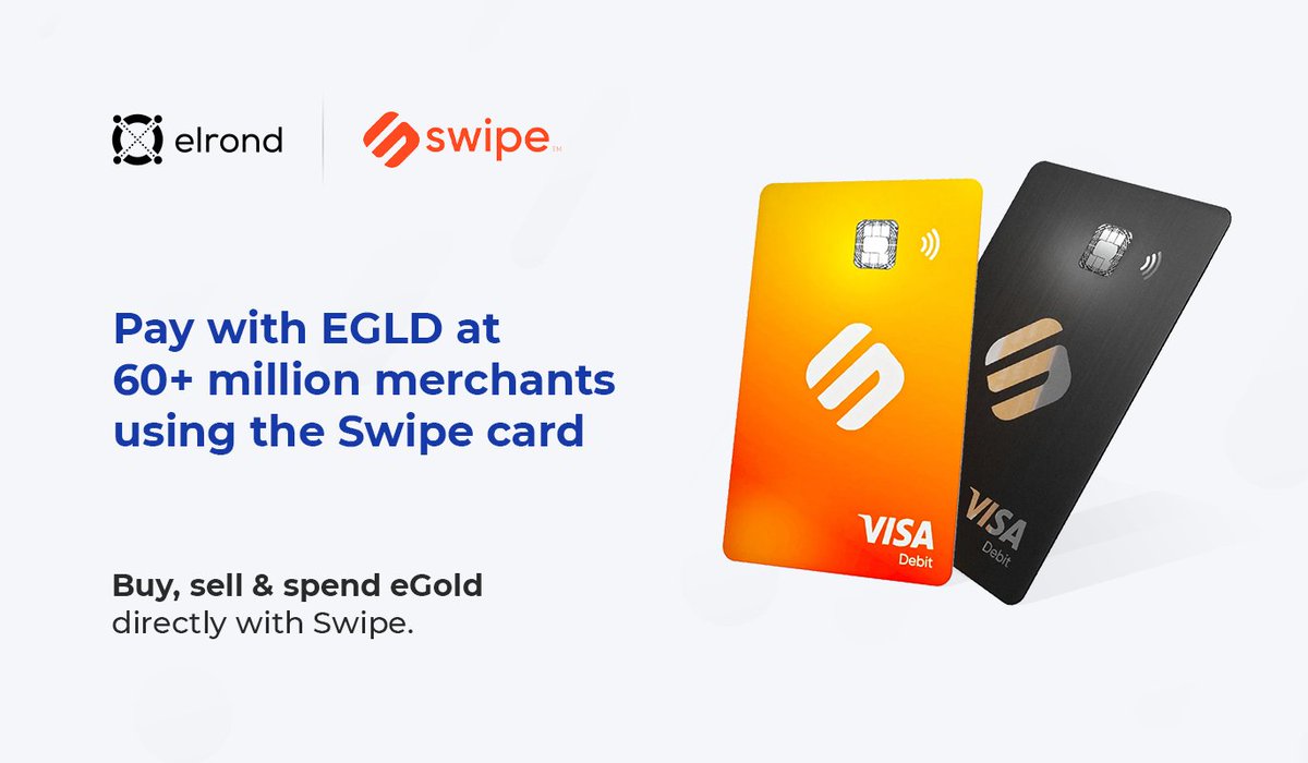 beniaminmincu's tweet photo. The $EGLD @SwipeWallet integration is live 🔥

Paying with eGold at 60+ million merchants using the Swipe Visa card is a powerful boost for the Elrond economy.

We’re just getting started.

📲 https://t.co/dCfDnNRTUc https://t.co/j9zJKcK3aM