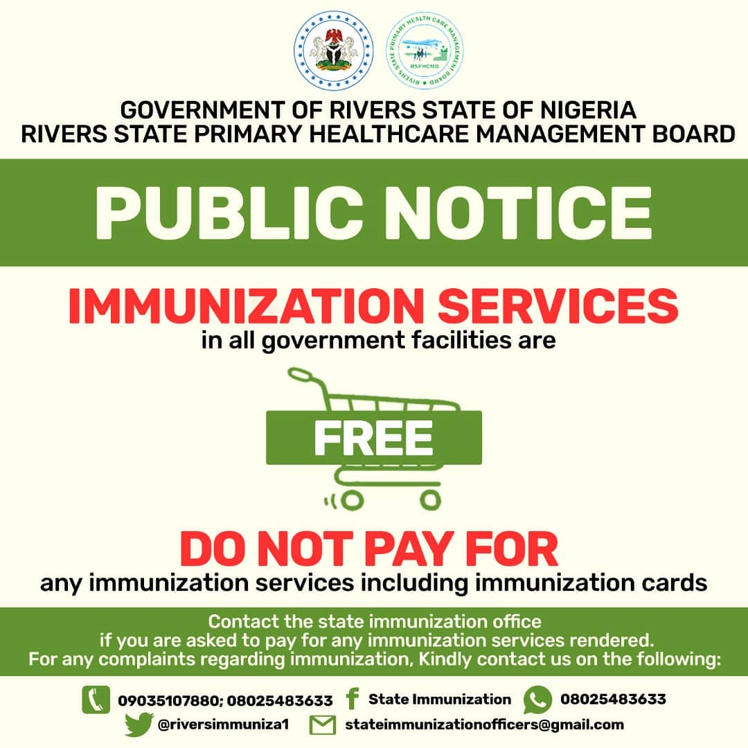 CWHAD1's tweet photo. This is for the notice of our Rivers People.

Immunization is free. Please report any facility charging fees for immunization.

#riverstate #portharcourt #immunization #communityinterventions #cwhad #freehealthcare #freehealthservices #government #nigeria https://t.co/7g2SrKbnbW