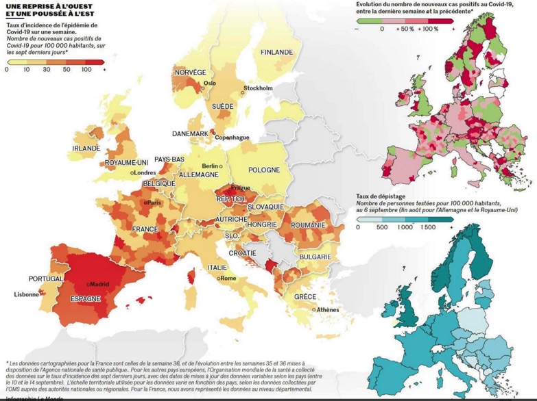 Données cartographiques contrastées des taux d'incidence sur une semaine de l'épidémie #Covid19 en #Europe. On visualise bien les 3 fronts : 
1/ la reprise à l'Ouest 
2/ la poussée à l'Est
3/ l'axe central Suède, Danemark, Allemagne et Italie relativement épargné
via <a href="/lemondefr/">Le Monde</a>