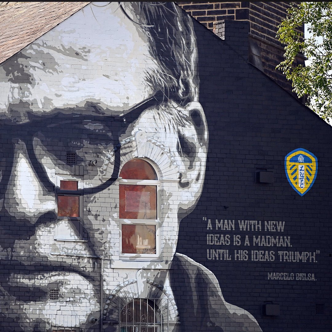 brfootball's tweet photo. 'A man with new ideas is a madman, until his ideas triumph.'

A mural of Marcelo Bielsa in Leeds 📸 https://t.co/hapQdPrZFz