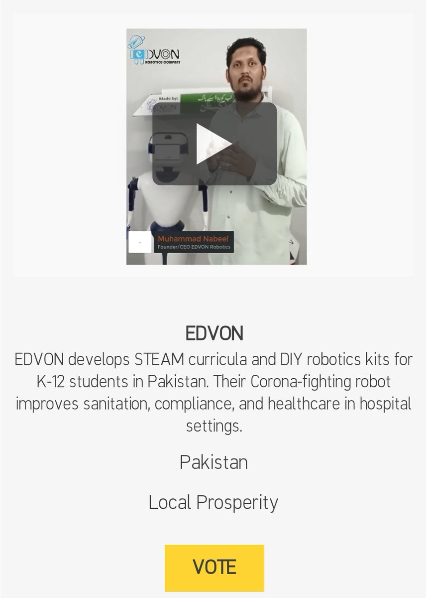 mubashirmahmood's tweet photo. Muhammad Nabeel's EDVON is selected in the Local Prosperity category.
It develops STEAM curricula and DIY robotics kits for K-12 students. Its Corona-fighting robot improves sanitation & compliance in healthcare settings.
#ShellTameer #ShellPakistan #TopTenInnovators https://t.co/2qDK87QlOG
