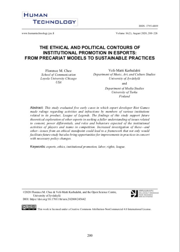 cheeflo's tweet photo. In “The Ethical and Political Contours of Institutional Promotion in Esports,” @mkarhulahti and I specifically advance the concept of Institutional Promotion to discuss the many interests at work described in this Wired article. Published in @HTJournal and also pinned the tweet. https://t.co/09SPAHtKNM
