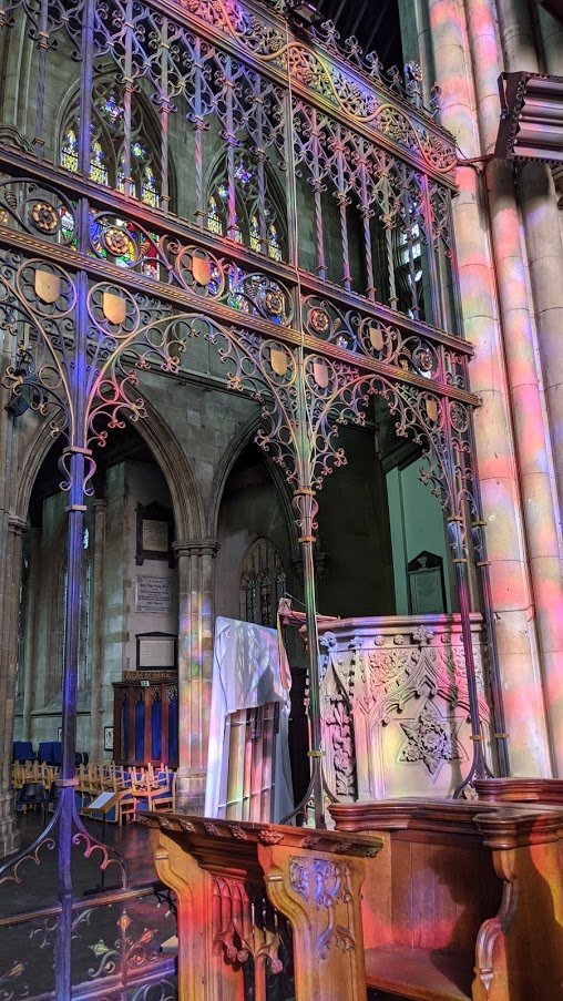 I arrived early-ish in the morning, to catch the way the sunlight from the East casts great shards of colour across the choir stalls,