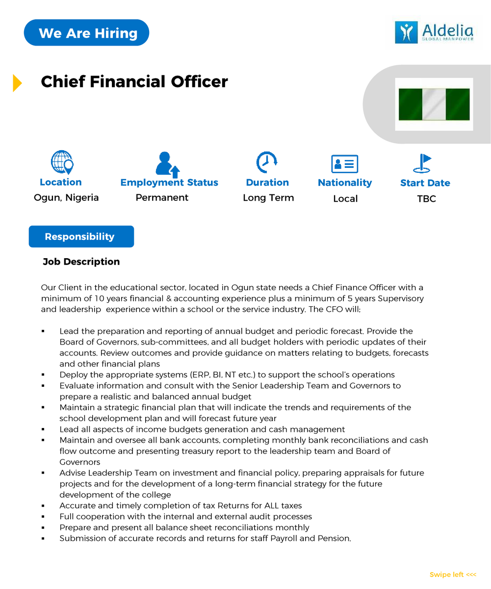 Aldelia_hq's tweet photo. Read the requirements on the image attached for the position of the Chief Financial Officer in Ogun state, Nigeria
Visit https://t.co/I3uHst1wPv to apply
#Aldelia #areebajobs #JobVacancy https://t.co/KZrkCMWnFO