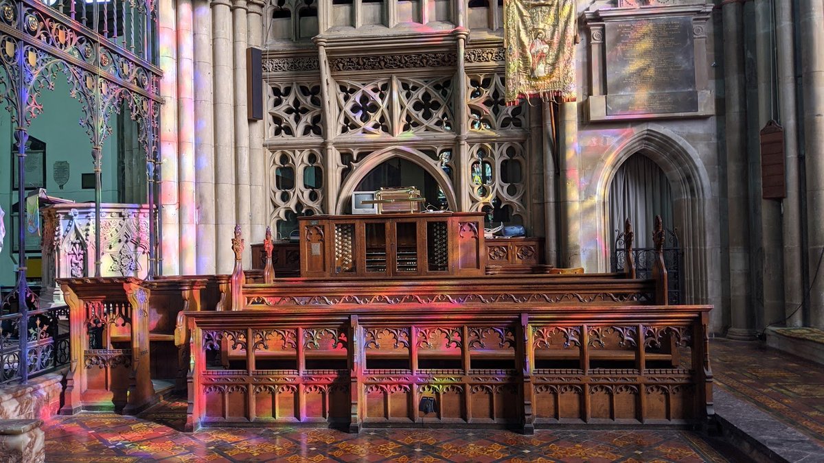 I arrived early-ish in the morning, to catch the way the sunlight from the East casts great shards of colour across the choir stalls,