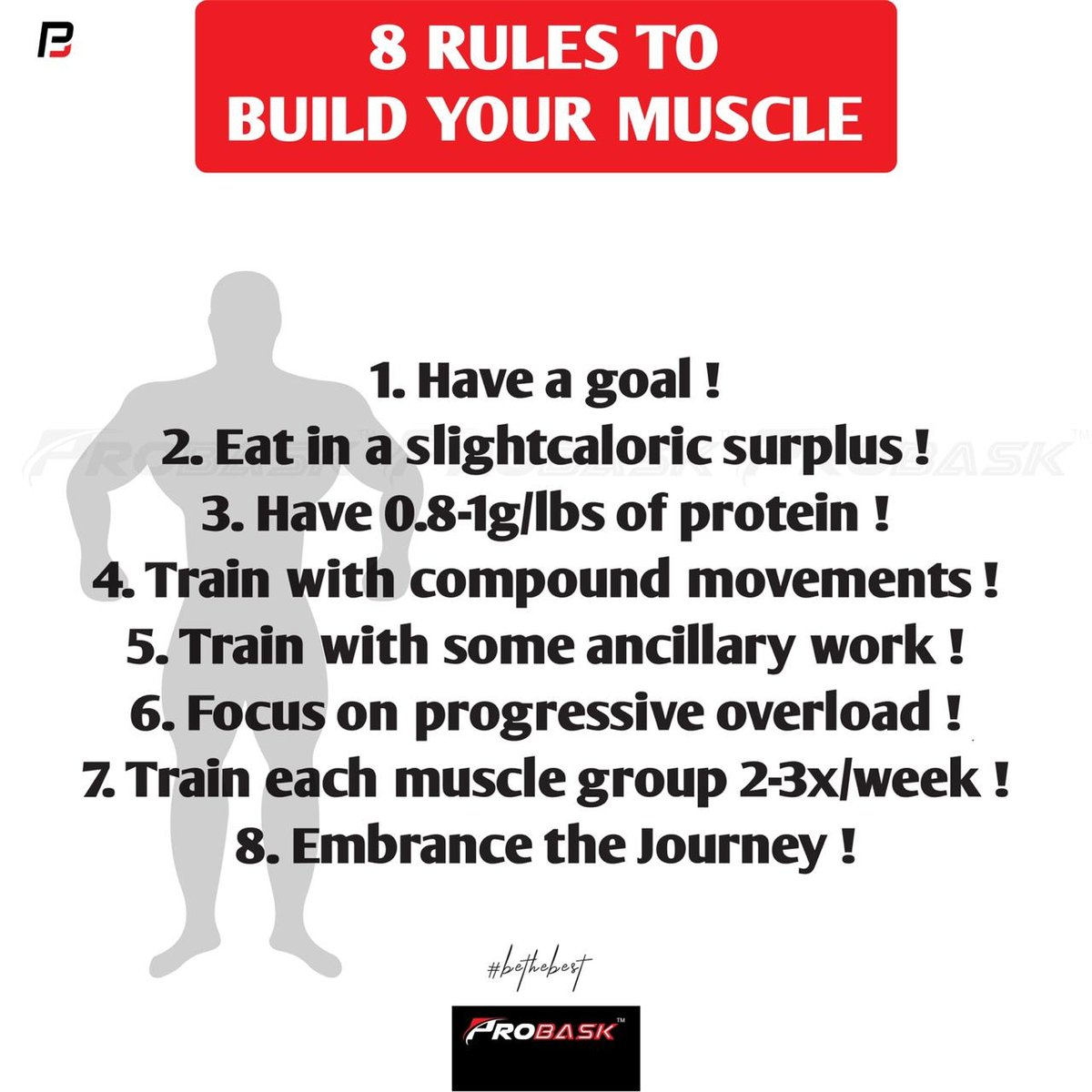 theprobask's tweet photo. 8 Rules to Build your Muscle. 

#fitness #gym #fitfam #workout #fit #bodybuilding #motivation #gymlife #training #fitspo #strong #abs #health #instafit #exercise #healthy #shredded #fitnessmotivation #lifestyle #cardio #gains #strength #probask #bethebest https://t.co/IAgUoGOWFh