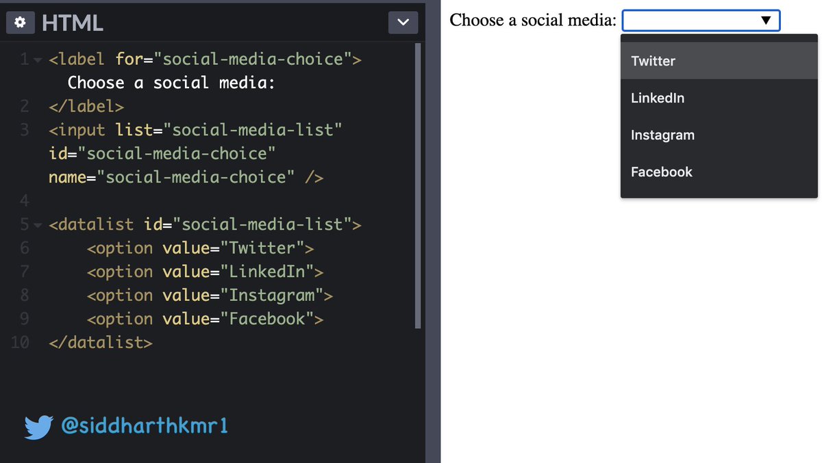 siddharthkmr1's tweet image. #html tip

💡 Use &amp;lt;datalist&amp;gt; tag to show a list of recommended values for input, it&apos;s also used as an autocomplete feature

#100DaysOfCode #javascript