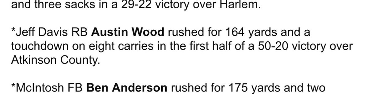 JDfbRecruits's tweet photo. Shout out to c/o 21 RB Austin Wood for being recognized as one of the GaHS Daily Top Performers in our 50-20 win over Atkinson County. @Austin_W_Wood @GHSFdaily https://t.co/8GzdFieRnz