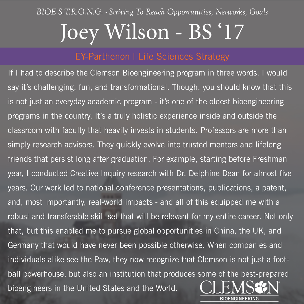 ClemsonBIOE's tweet photo. โWhen companies and individuals alike see the Paw, they now recognize that Clemson is not just a football powerhouse, but also an institution that produces some of the best-prepared bioengineers in the United States and the World.โ -Joey Wilson
#alumnipost #teamCUBioE #BIOESTRONG https://t.co/JP0LbL7B5T