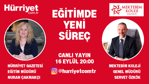 Mektebim Koleji Genel Müdürü Servet Özkök, 16 Eylül Çarşamba günü saat 20.00'de Instagram canlı yayınında Nuran Çakmakçı ile eğitimde yeni süreç hakkında merak edilen soruları cevaplayack. @Mektebim_ 

Canlı yayını kaçırmamak için: instagram.com/hurriyetcomtr/