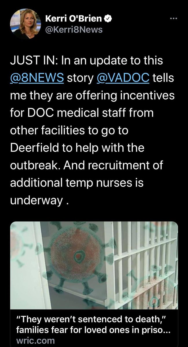 It us being reported by @Kerri8News that DOC medical staff in Virginia are being offered incentives to address the #COVID19 outbreak. Join our national campaign: tinyurl.com/CAGINGCOVID #CAGINGCOVID
