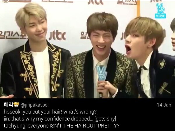 seokjin doubting himself when taehyung is around? not a chance