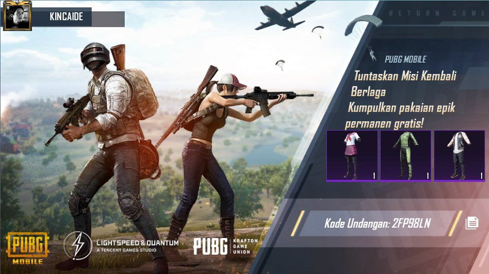 DON_GHAZALI's tweet photo. Tuntaskan Misi Kembali Berlaga PUBG MOBILE! Kumpulkan pakaian epik permanen gratis! Kode undangan saya: 2FP98LN https://t.co/EyOCQQ38ao https://t.co/LusXqxKRvr