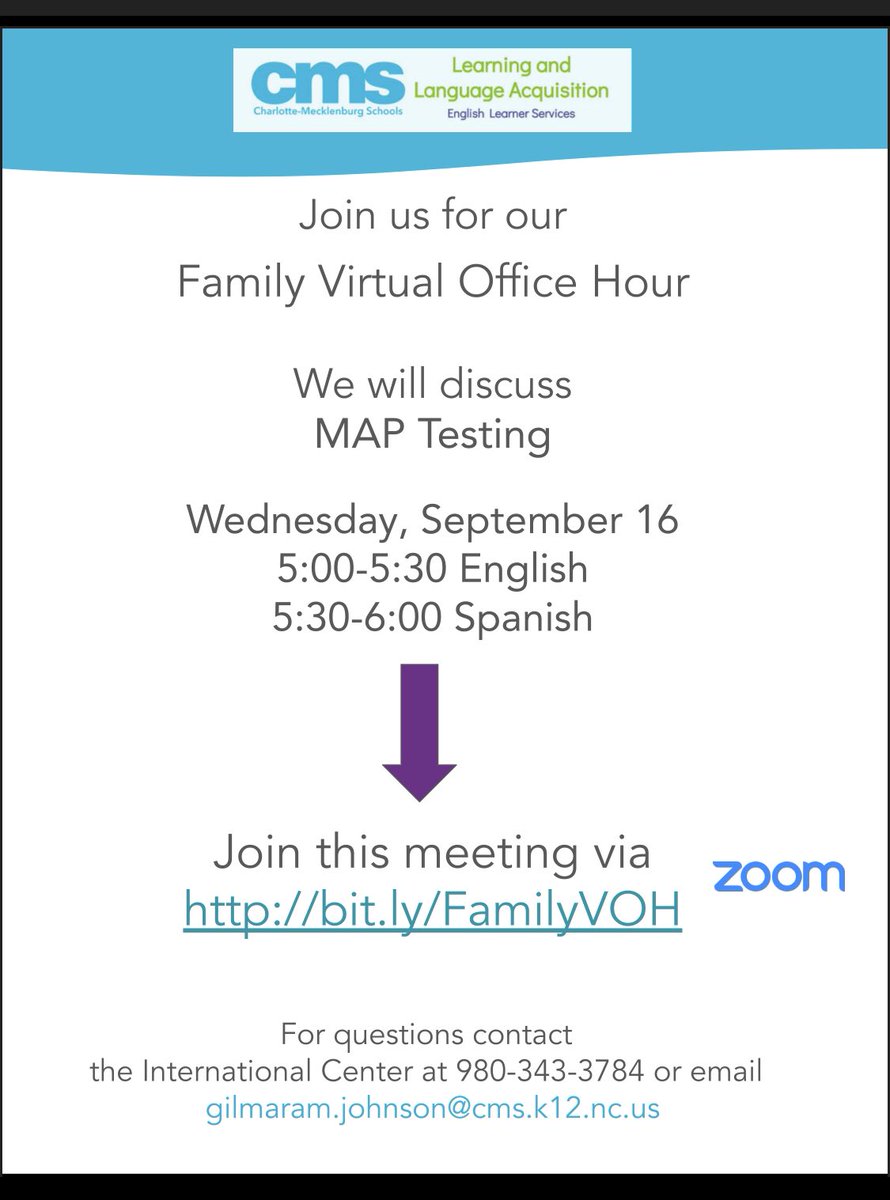 CMS_LLA's tweet photo. Teachers and families:  We will be having a Family Virtual Office Hour to discuss MAP assessments tomorrow evening.  Please join us and/or share!  #CMSELServices https://t.co/g1mZZOLdBP