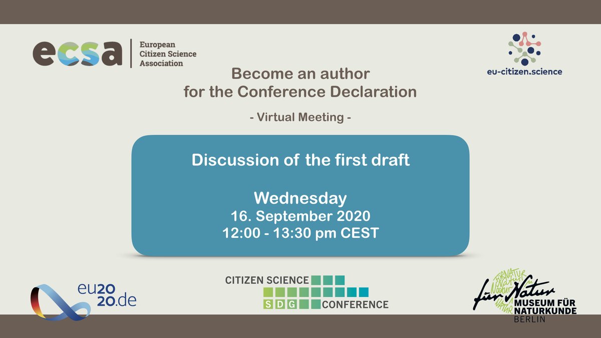📢💡LAST CALL to contribute with your ideas to the final virtual meeting for the <a href="/cs_sdg2020/">Citizen Science SDG Conference</a> Declaration!
🗓️16. September 12-1:30 PM CEST

Register here to participate ➡️ bit.ly/3igSpdk
📖More info: bit.ly/2BCgyLr 

Organised by @mfnberlin
#CitizenScience #SDGs