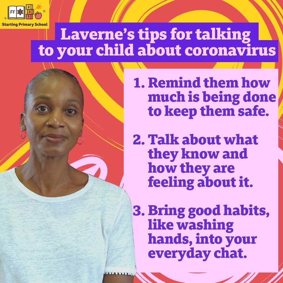 SpeechAndLangUK's tweet photo. 'Here are child psychologist Laverne Antrobus's top tips for chatting to your child about coronavirus 👍 Check out the full video on the BBC Bitesize website 
👉https://t.co/A2sihLE630 #StartingPrimarySchool #tinyhappypeople' https://t.co/8dc0wZEfq6