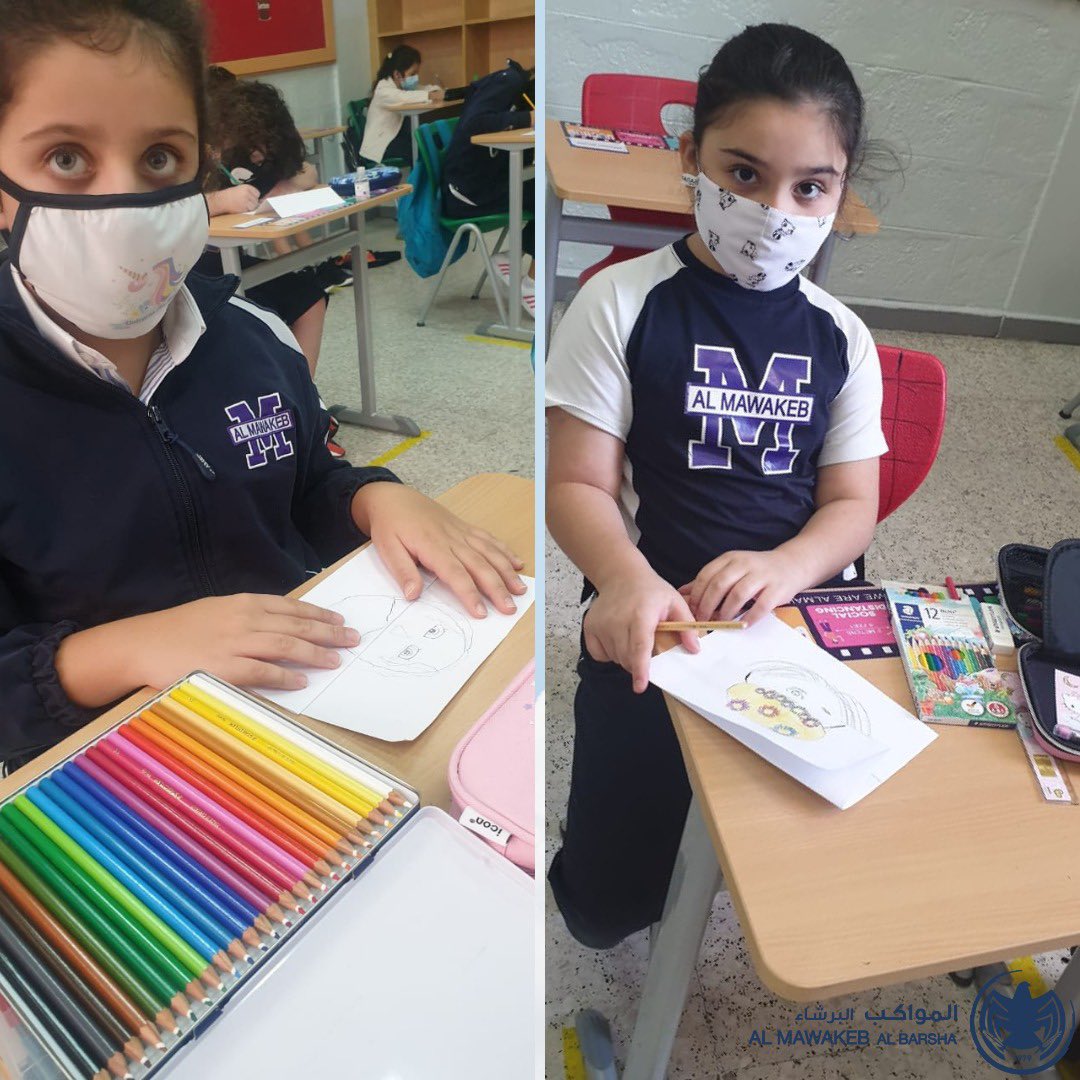 Mawakeb_Barsha's tweet photo. During art class, G2 & 3 sts made fashionable face masks & created an array of bright & patterned designs that suit their own personalities #artisfun #expressyourself #facemaskdesign #funfacemask #safetyfirst https://t.co/MTKXMa7onM