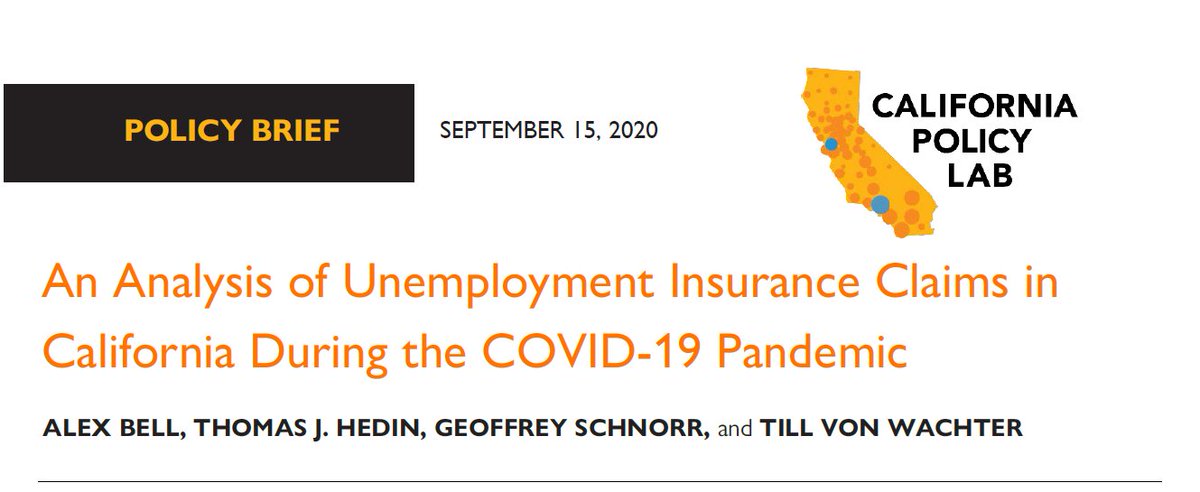 New  @CAPolicyLab Report:Me,  @TillvonWachter,  @alexbellecon & Geoff Schnorr take a deep dive into the recent  #UI claims data to shed some light on what’s actually happening in CA’s labor market. https://www.capolicylab.org/publications/september-15th-analysis-of-unemployment-insurance-claims-in-california-during-the-covid-19-pandemic/Thread --> (1/13)