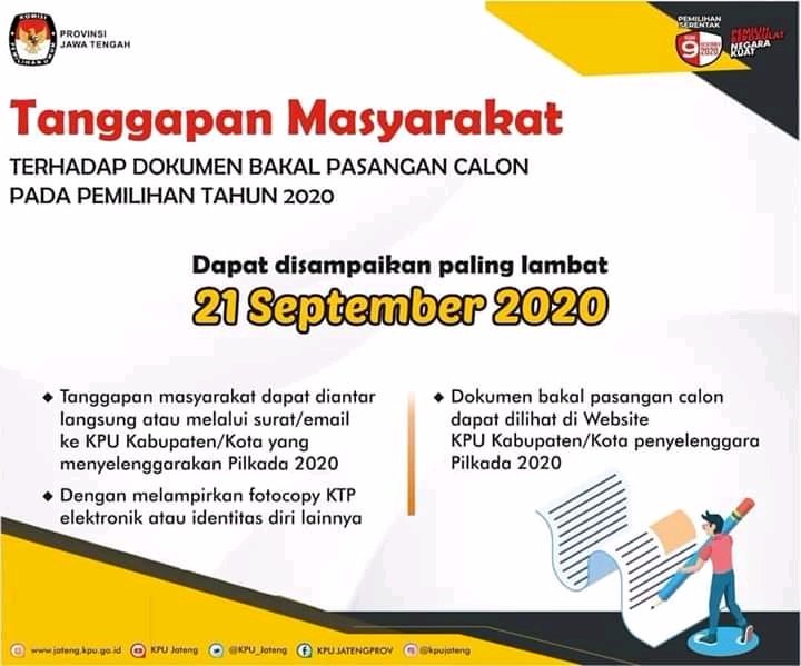 kendalasem's tweet photo. Masyarakat dapat memberikan masukan dan tanggapan atas dokumen syarat pasangan calon Bupati dan Wakil Bupati yang telah melakukan pendaftaran, untuk dokumen dapat dilihat di website KPU Kabupaten/Kota penyelenggara Pilkada Tahun 2020.
#ppskendalsem
#ppkwedung
#kpudemak
#kpujateng https://t.co/Wq8U5dpsxz