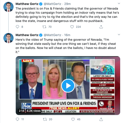 BrendanNyhan's tweet photo. An ongoing, systematic effort to delegitimize any outcome in which he does not win re-election. What would you say if you saw it in another country? https://t.co/af2KlUbWM7