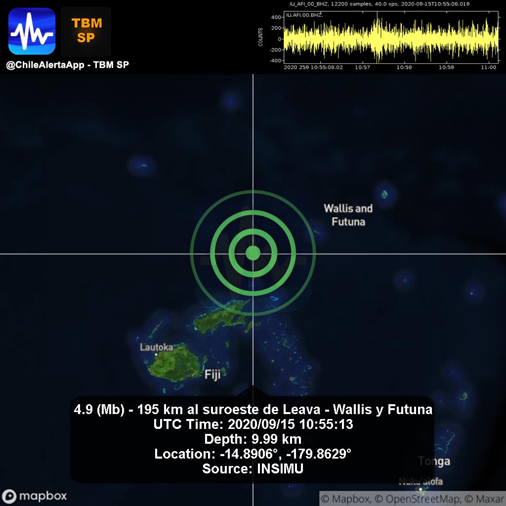 ChileAlertaApp's tweet photo. New #Earthquake. 🌎
4.9 (Mb) - 195 km al suroeste de Leava - Wallis y Futuna.
2020/09/15 10:55:13 UTC.
#Leava-WallisyFutuna App: https://t.co/e1jlc9uim5 #Temblor #Sismo #alert https://t.co/czxluRzYD5