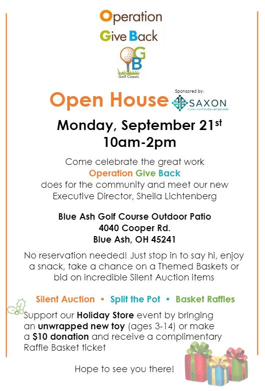 Our community partner, Operation Give Back, is hosting an Open House next Monday as part of the OGB Golf Classic. Stop by to say hi and help this great organization!
