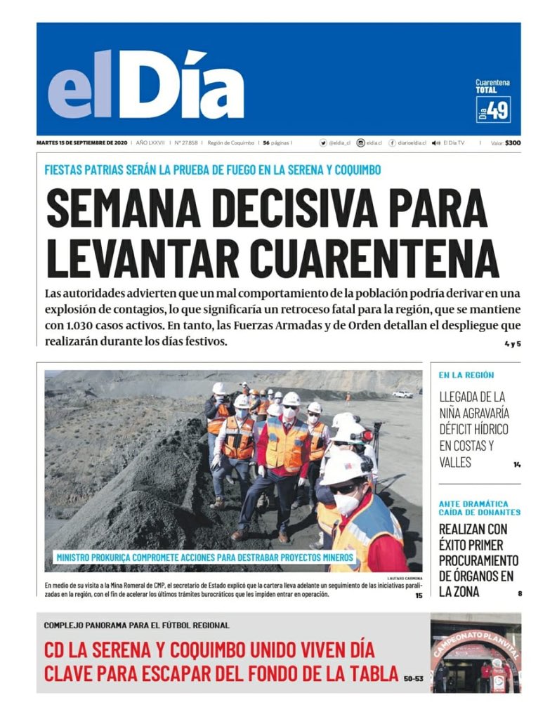 Como lo dice la portada de @eldia_cl esta es una semana decisiva para revisar la cuarentena que mantiene La Serena, Coquimbo y Ovalle. Terminar con esta medida y disminuir los contagios está en nuestras manos, por eso llamamos al autocuidado #RespetaLaCuarentena