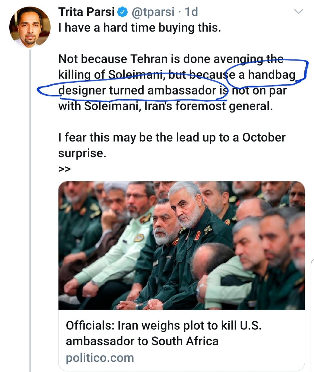 THREAD1/ How do you spot an apologist for the Iranian regime? These ppl have been welcomed in America, yet when faced with this intelligence report of a planned attack, their first instinct is to mock the US ambassador (a ditzy "handbag designer") & promote the IRI's narrative.