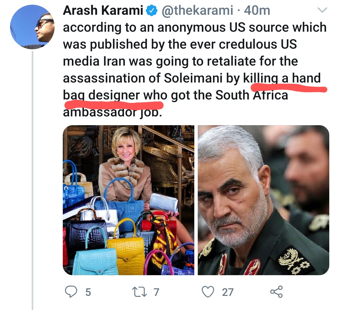 THREAD1/ How do you spot an apologist for the Iranian regime? These ppl have been welcomed in America, yet when faced with this intelligence report of a planned attack, their first instinct is to mock the US ambassador (a ditzy "handbag designer") & promote the IRI's narrative.