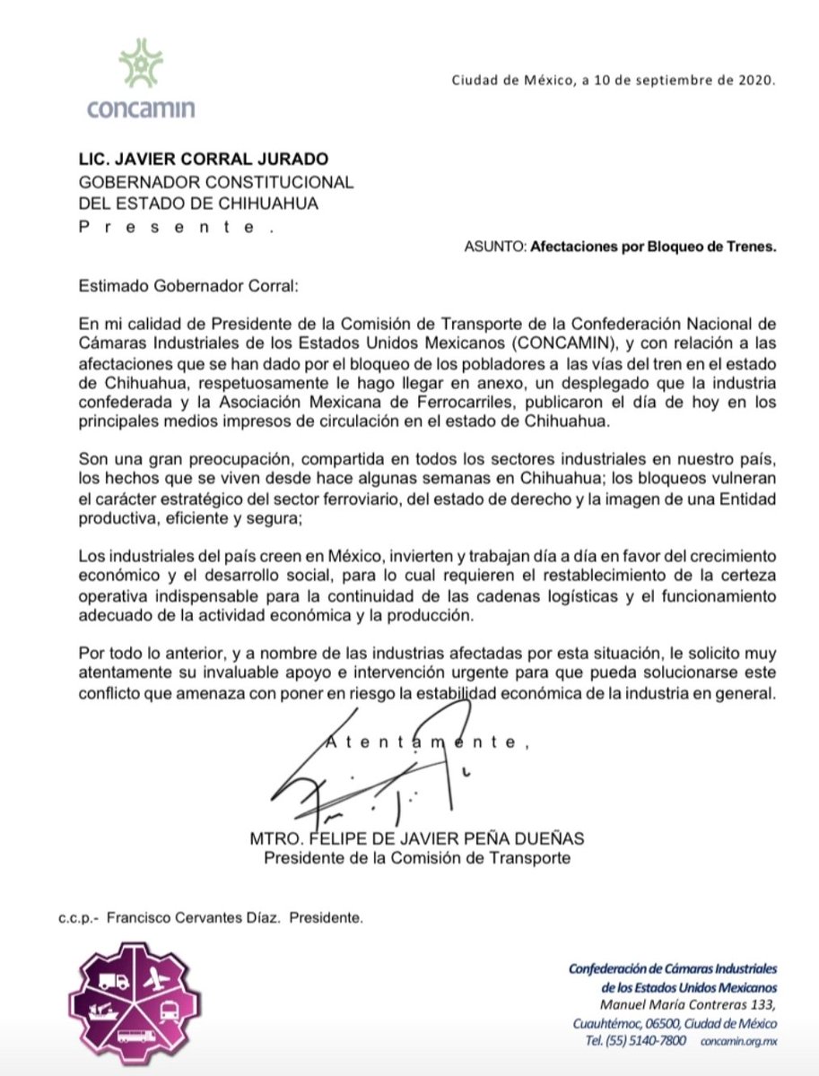 Día 21 de bloqueo ferroviario en Meoqui, Chihuahua. Atenta carta de <a href="/CONCAMIN/">CONCAMIN</a> al Sr Gobernador <a href="/Javier_Corral/">Javier Corral Jurado</a> <a href="/EdoChihuahua/">Chihuahua México</a>