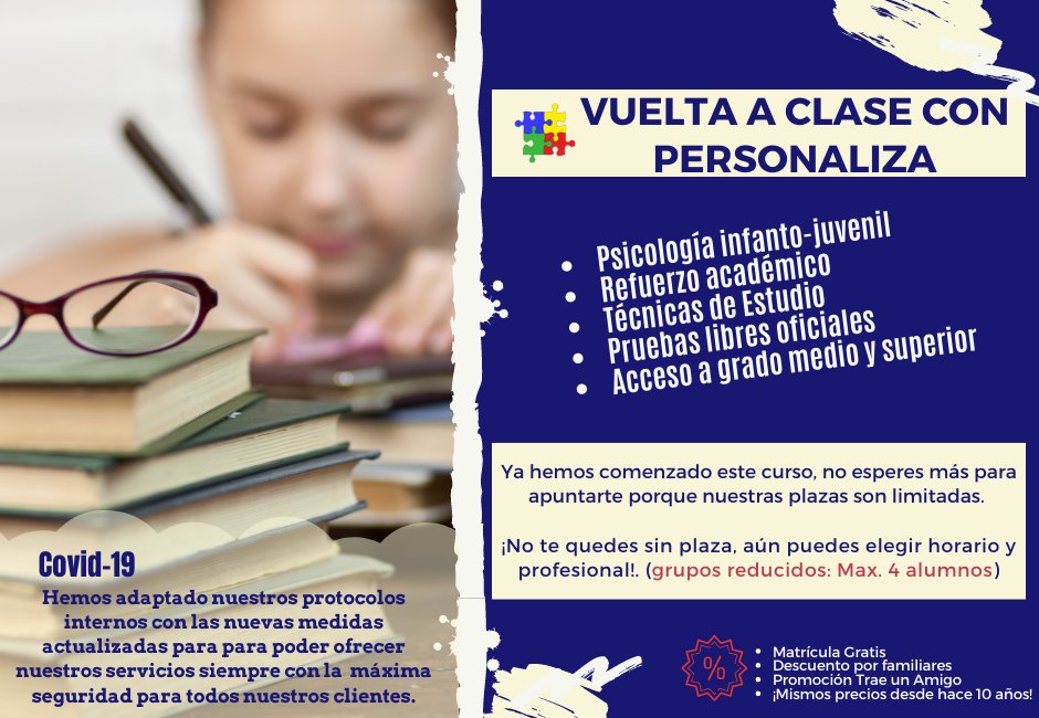 Personaliza_Ps's tweet photo. Vuelta a Clase con Personaliza ¡Ya hemos empezado el nuevo curso! #Estudiar #Psicólogos #Refuerzoacadémico https://t.co/zkFNiTQIt6