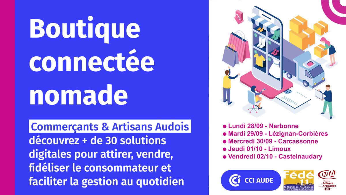 CCI_Aude's tweet photo. 📣 Amis #commerçants audois, la Boutique connectée nomade 🚍passe près de chez vous du 28/9 au 2/10 ! Venez découvrir et tester + de 30 solutions numériques pour la #digitalisation de votre commerce.
+ d'infos :👉 https://t.co/oJUOlImoc0
@CCI_Aude https://t.co/Sa0oxRig14