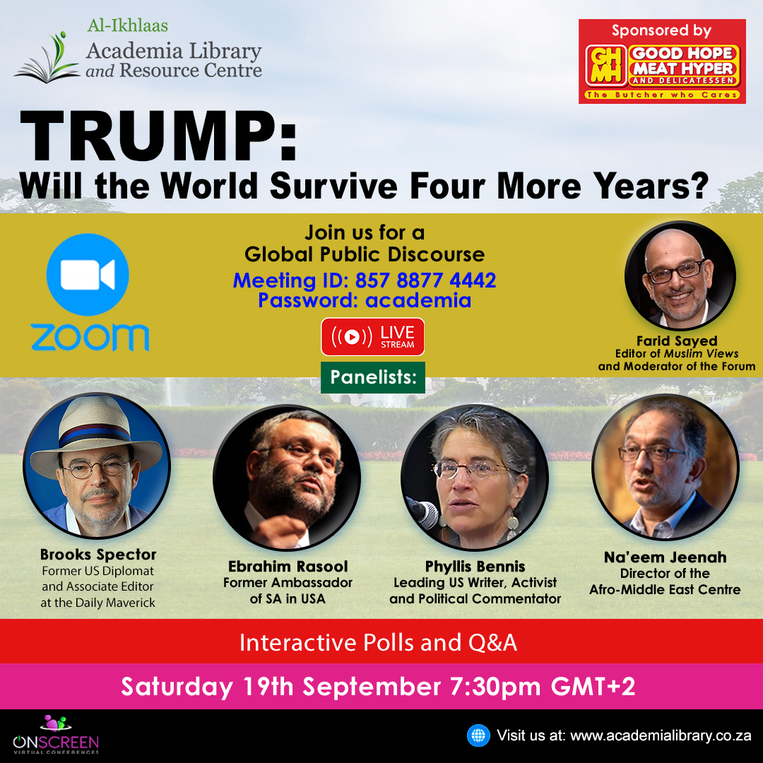 academialib's tweet photo. Join us for another fascinating discussion. We will be looking at the #USElection2020 and will unpack a second Trump term will have globally. This webinar is free and we invite you to participate. @AlAnsaarRadio @radioislam @radio786online @VOCfm @MuslimViews_SA @salaamedia @ https://t.co/KxJbqSavVI