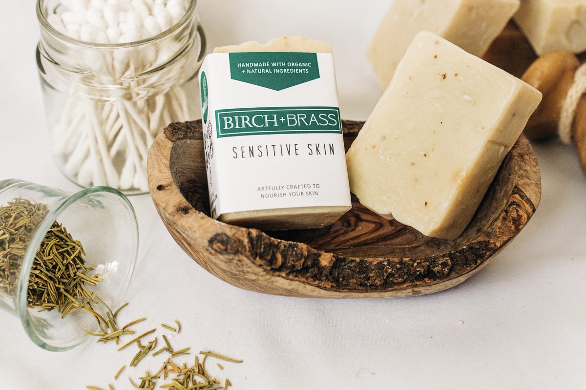 Do you have #sensitiveskin? 
#Birchnbrass sensitive skin #artisanbarsoap is  crafted to cleanse and nourish skin, gently! Made with organic hemp seed oil + organic shea butter. 🌱 Plus fresh aloe and rosemary harvested from our garden! 👩🏼‍🌾
🛁 bit.ly/3m3aFZZ…