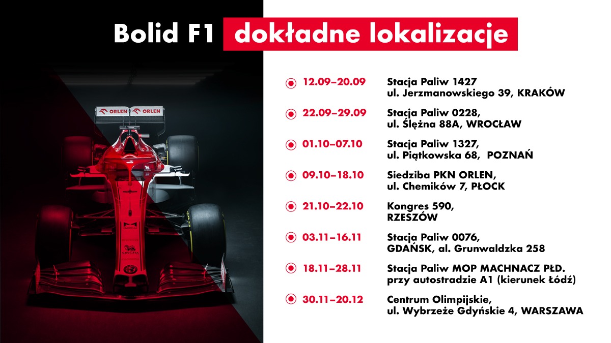 TeamORLEN's tweet photo. Chcecie zobaczyć bolid F1 @alfaromeoracing z bliska? 🏎 Nic prostszego! Wyruszyliśmy w Polskę i aktualnie czekamy na Was w Krakowie jeszcze do końca tygodnia 🇵🇱 Poniżej znajdziecie mapkę z miastami i datami oraz dokładne lokalizacje 🕵️‍♀️ https://t.co/EQniqYaRqK