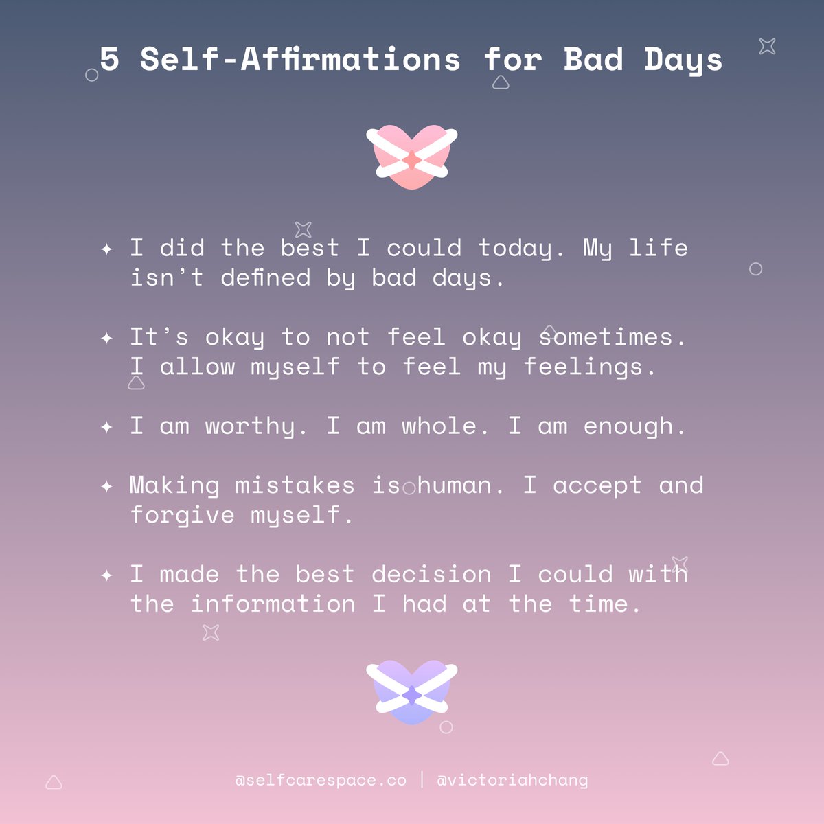 selfcarespaceco's tweet photo. 5 Self-Affirmations for Bad Days. π Thoughtful Tuesdays. π | https://t.co/l3y5lOLF9P | #selfcarespace #selfcare #thoughtfultuesdays #mentalhealth #selfaffirmations #positiveaffirmations https://t.co/v9i1YSLAel