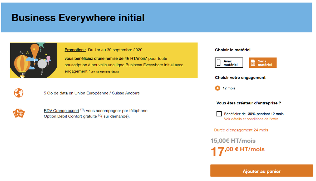 Dites <a href="/OrangePro/">Orange Pro</a>, j'ai un peu de mal avec vos engagement s de 12 mois d'une durée de 24 mois et des remises de 30% qui coûtent 2€ de plus par mois.
#promos