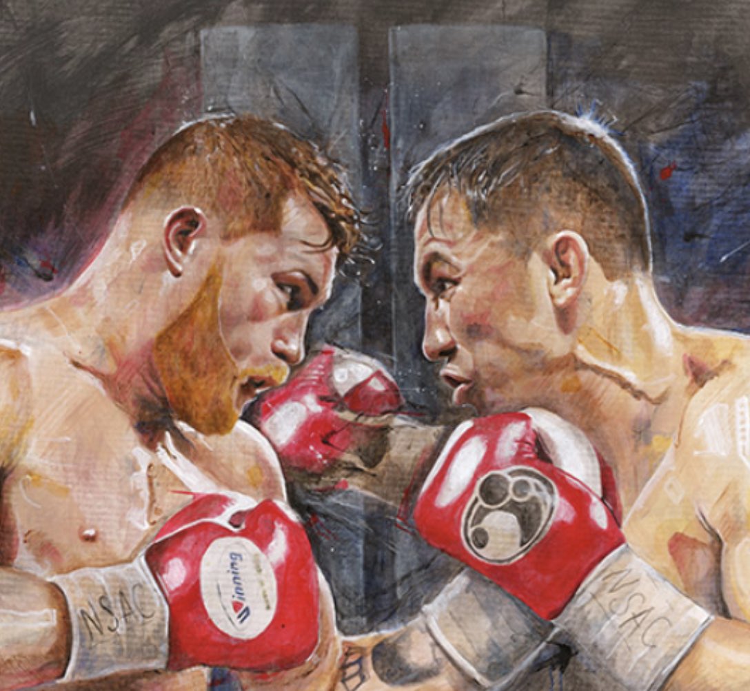 sloneart's tweet photo. Two years ago today, September 15, 2018 I created the official artwork for @Canelo and @GGGBoxing for their historic rematch. The paintings were a huge success, thank you to all that supported. Who’s ready for #3?? Sketches and layouts already done! 😜🎨 https://t.co/zyfLUnhSfr