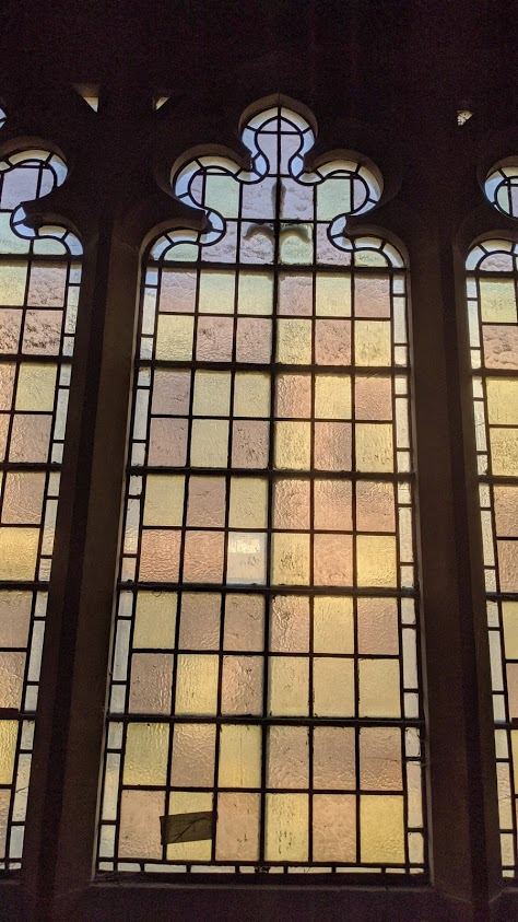 Another problem All Saints has, aside from the cracks, and the leaks, and the church organ, and the Literal Stone Used To Construct It, is their windows - not only are many of the panes damaged, but see how wavy the leading is on that glass? Yeah. That's not supposed to happen.